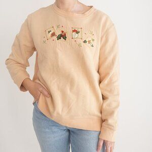 Vintage Yellow Embroidered Summer Apples Sunflower Leaves Crewneck Sweater L